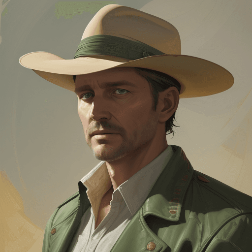 AI generated: new art : a white archaeologist 40 years old man with green jacket satara by johnny taylor, in the s...