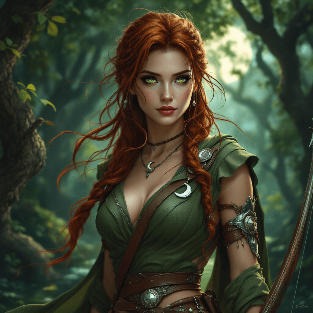 AI generated: The Huntress of the Artemis Grove: A skilled huntress with long, flowing, dark auburn hair, often pu...