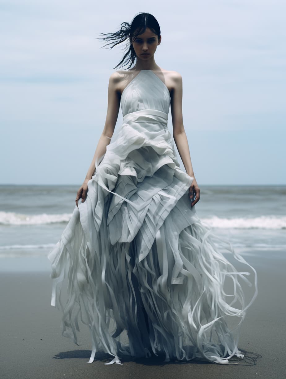 AI generated: a woman in a white dress standing on a beach, nagash editorial, toiletpaper magazine, blurry, long b...