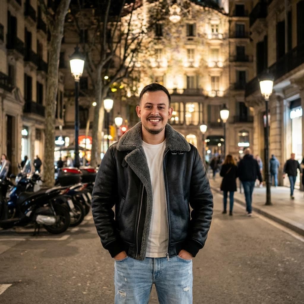 AI generated: A young handsome Spanish man in his late 20s, smiling confidently at the camera, dark short styled h...