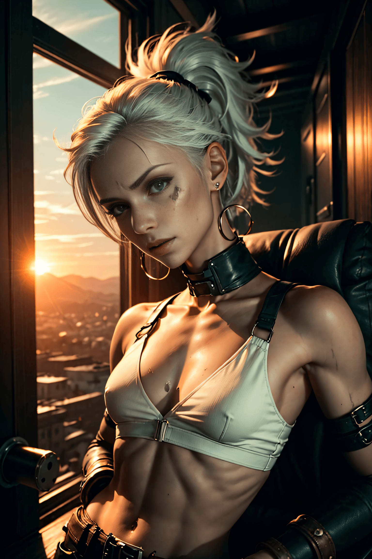 AI generated: portrait photo of a stylish beautiful girl , in a dystopic environment, asymmetric hair cut, cyberpu...