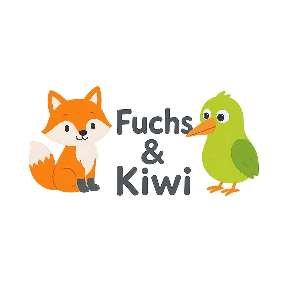 AI generated: Create a flat, cartoon-style logo featuring a playful orange fox and a lime green kiwi bird, both wi...