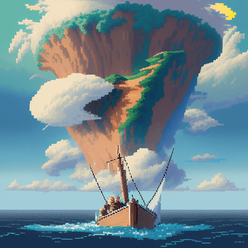 AI generated: 
16 bit pixel art, epic composition of a explorer in a boat reaching an island in the clouds, by stu...
