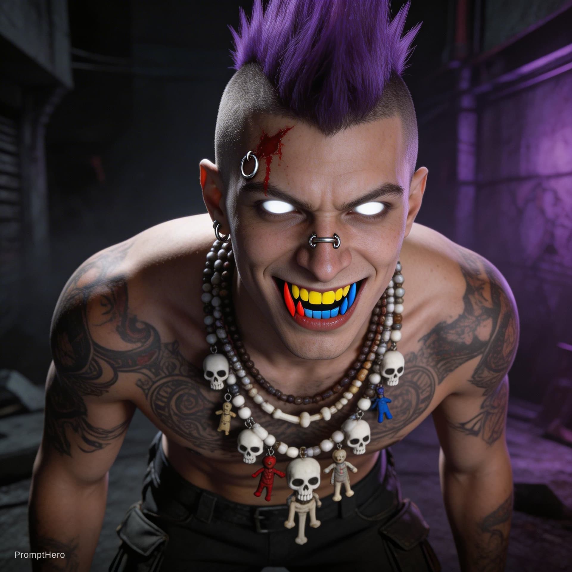 AI generated: A hyper-realistic cinematic portrait of a rebellious young man with a purple Mohawk hairstyle, shave...