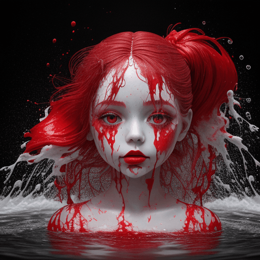 AI generated: a doll with red splashed paint on her face, in the style of fluid, organic forms, uniformly staged i...