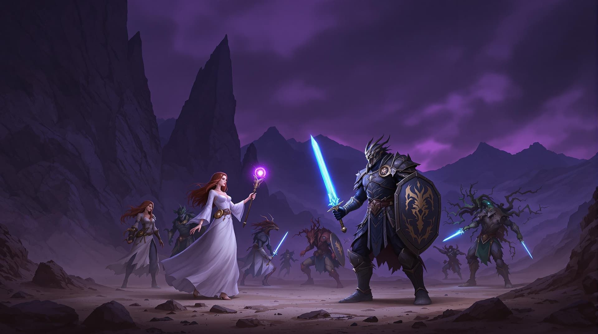 AI generated: A fantasy battle scene with seven characters, including a woman with long brown hair and a white dre...