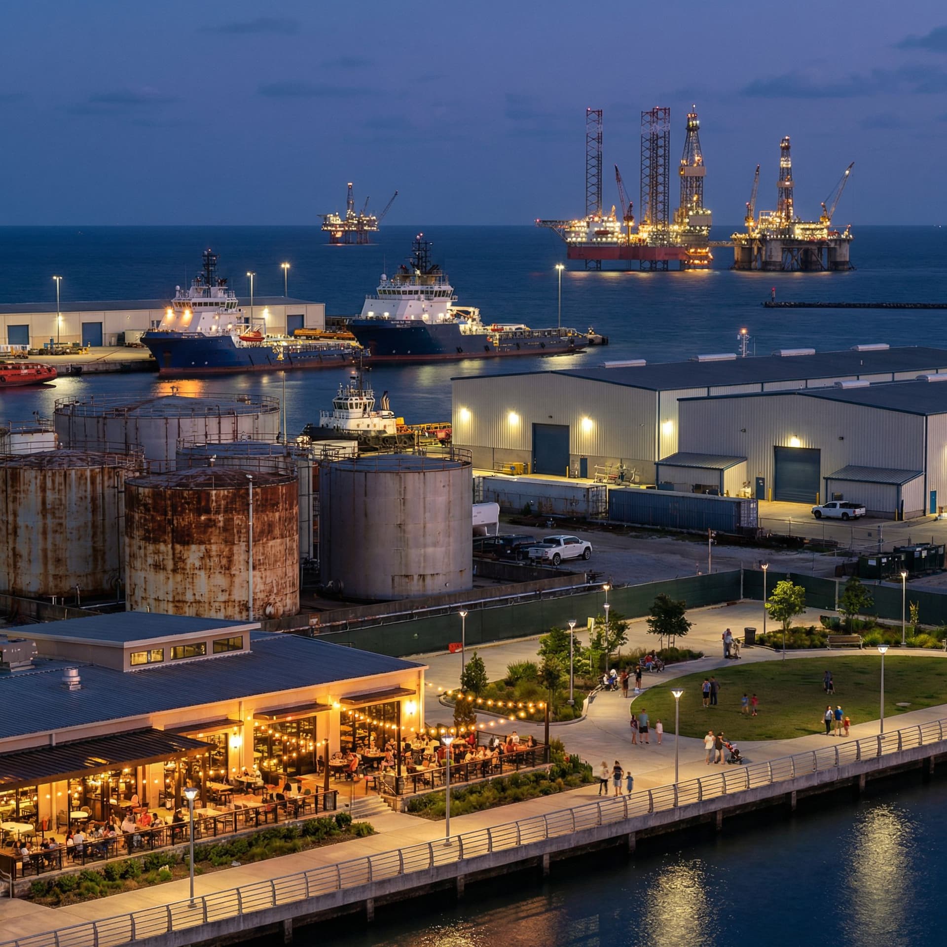 AI generated: an image of an offshore supply base that has old tanks, industrial parks, recreational parks; show r...