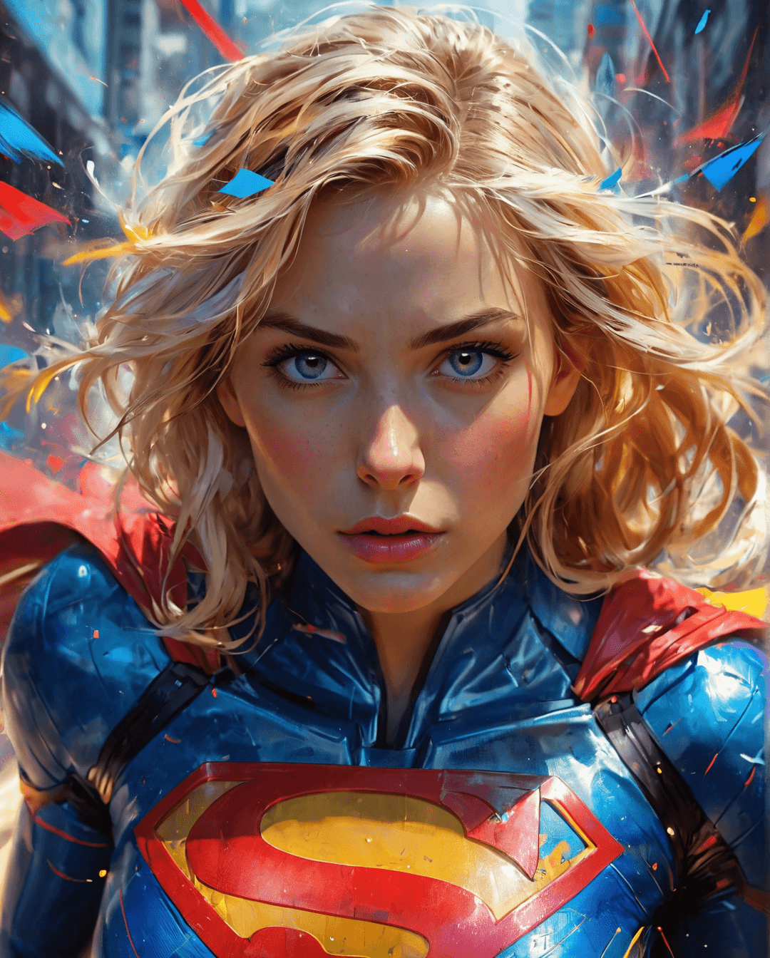 AI generated: abstract expressionist painting a woman as SuperGirl with blonde hair and intense gaze, in upright p...