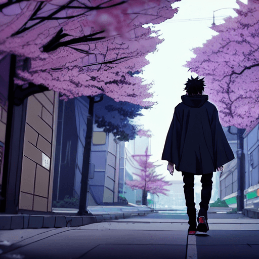 AI generated: anime key visual of man in grey cloak with dagger walking in Cyberpunk Tokyo City, from the anime Ch...