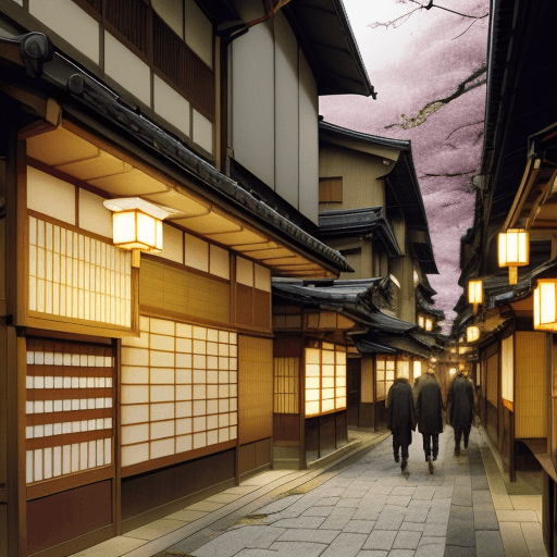 AI generated: kyoto, walking tour japan, in the style of hinchel, villagecore, manga-influenced, spiritual resonan...