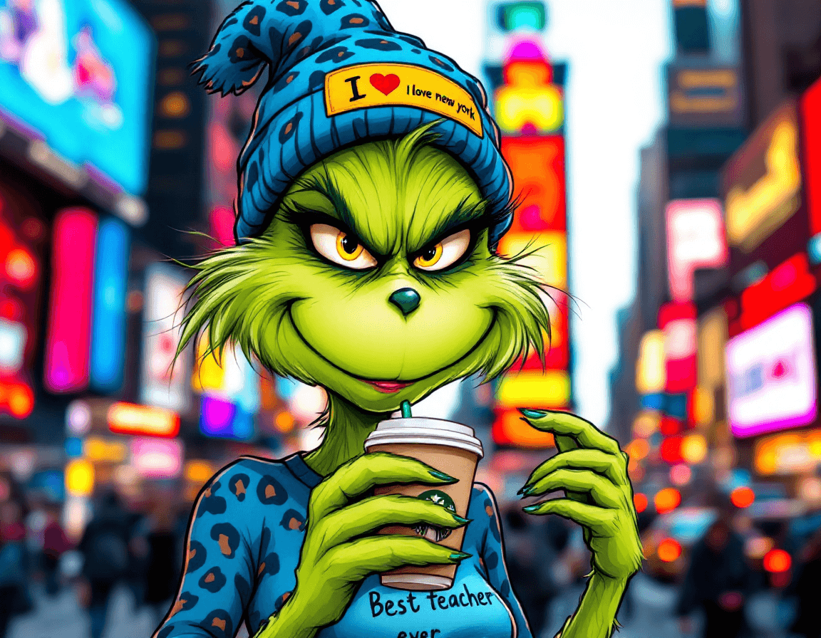 AI generated: 
The Grinch, depicted as a female cartoon character, is holding a I love New York cup. She wears a b...
