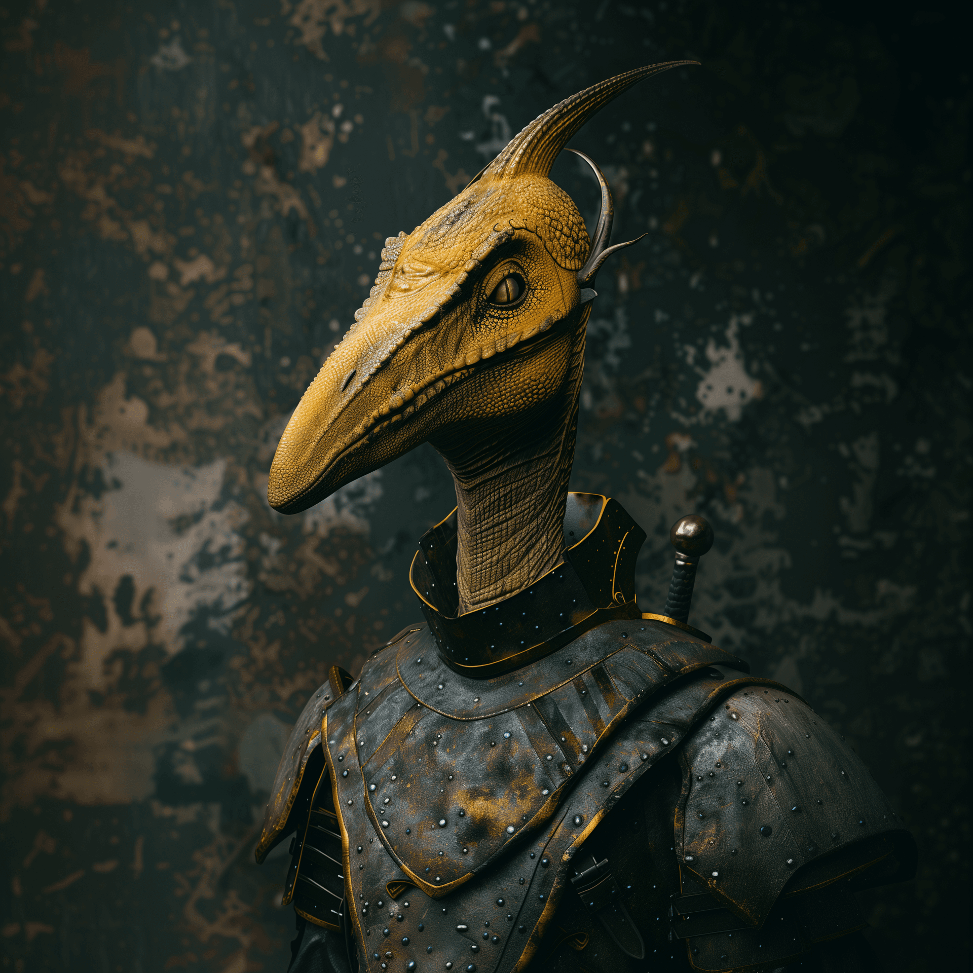 AI generated: yellow dinosaur wearing mid european ancient helmet and armour, war background, 8k, 3d render, in th...