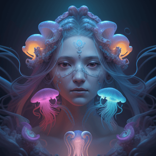 AI generated: Goddess close-up portrait ribcagel. jellyfish phoenix head, nautilus, orchid, skull, betta fish, bio...