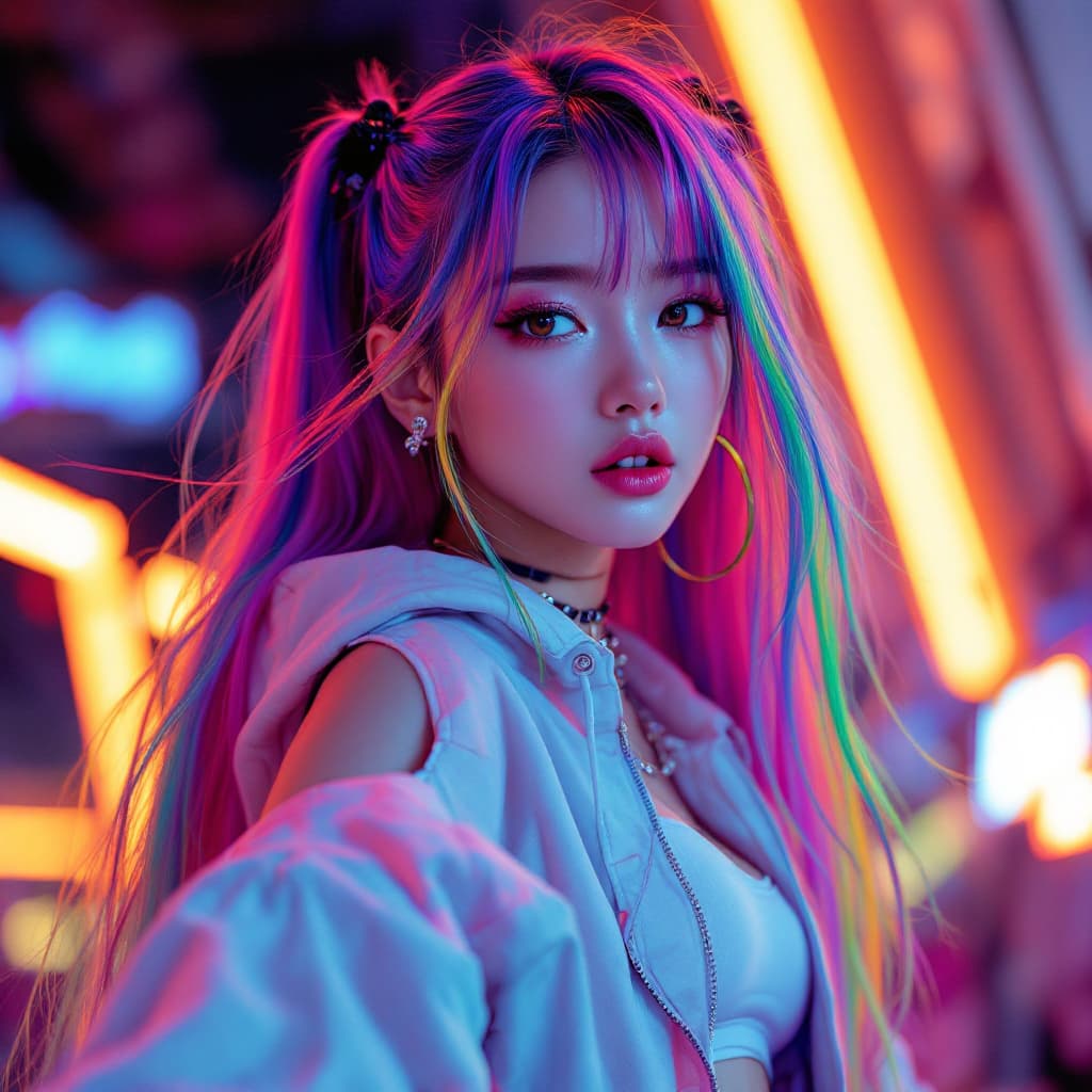 AI generated: a vibrant and energetic female idol, long hair with rainbow-colored streaks, streetwear fashion, neo...