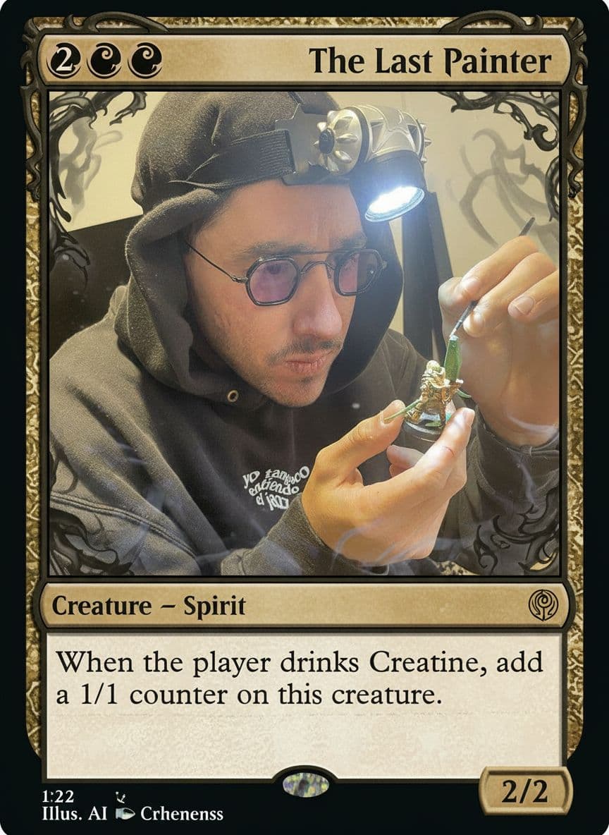 AI generated: Make me a Magic card with this picture. Name: The Last Painter 
Mana Cost: 2 black mana 
Type: Cre...