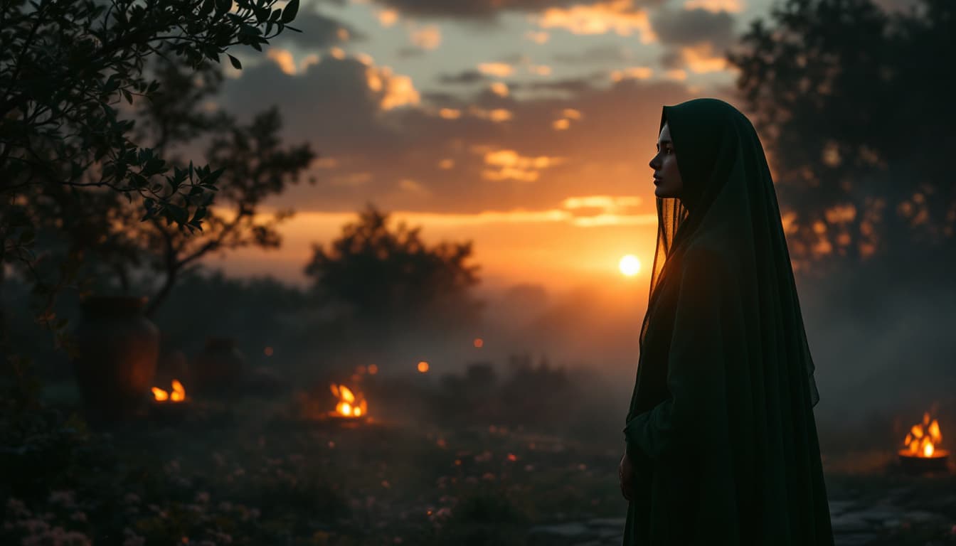 AI generated: hyper realistic. Shot: The Veiled islamic Woman stands apart, reaching toward the fading sun, as mou...