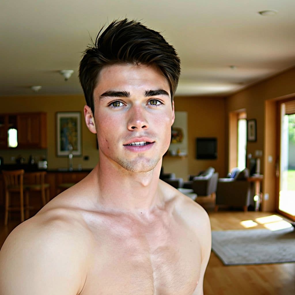 AI generated:  A young adult with an attractive appearance, fair skin and defined masculine features, along with a...