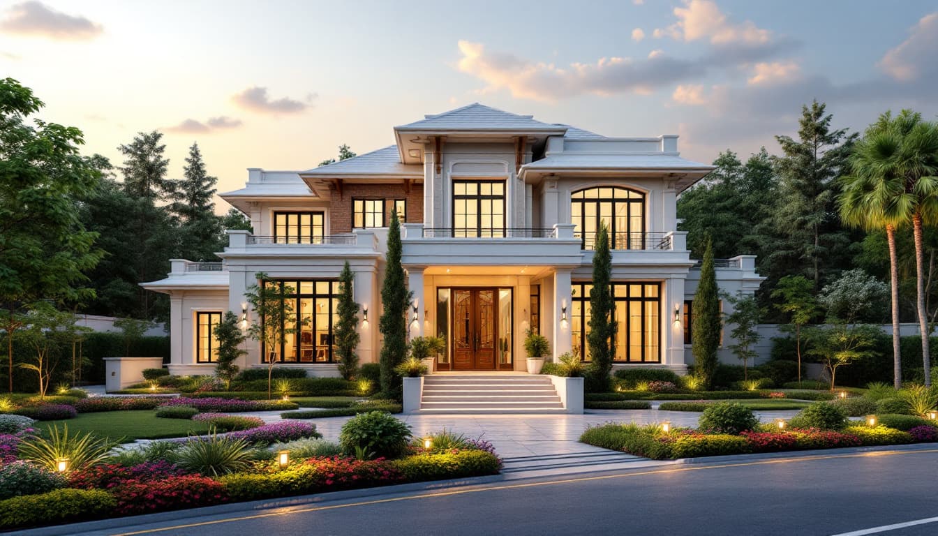 AI generated: (6 floors:1.2), modern house, royal steps to entrance, beautiful long front landscape, front drop-of...