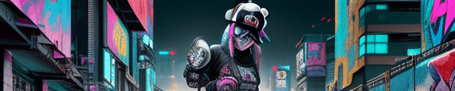 AI generated: Cyberpunk style, a panda standing on a skateboard, wearing a backwards baseball cap and holding a bo...