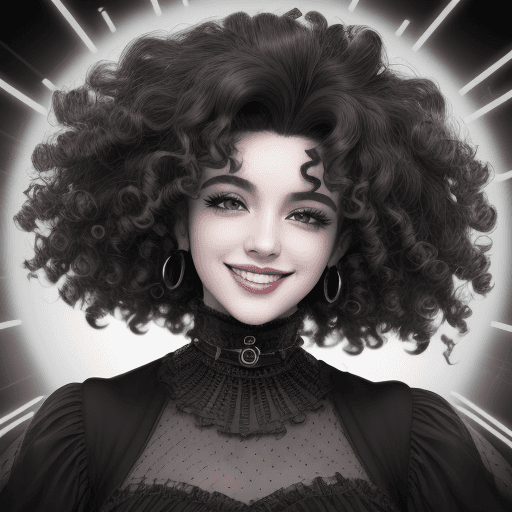 AI generated: woman smiling in black and white with curly hair, in the style of y2k aesthetic, Arab pop culture, r...