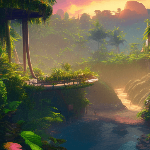AI generated: beautiful lush solarpunk community between jungle waterfalls and beach, fantastic, greenhouses, atmo...