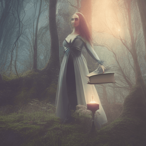 AI generated: 
an image of a woman dressed as a witch, holding a glowing book in a mystical forest setting. The wo...