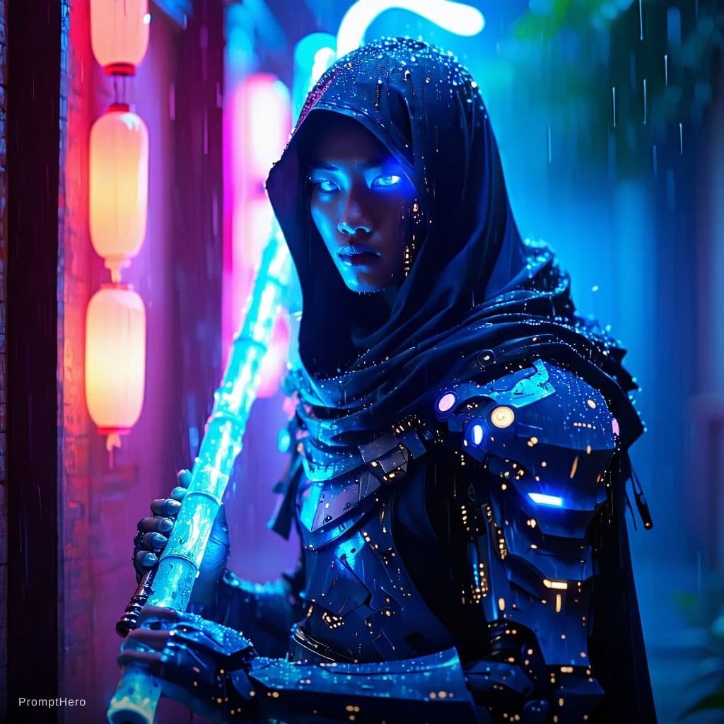 AI generated: futuristic cyberpunk Sundanese warrior, wearing traditional Sunda iket headband with modern cybernet...