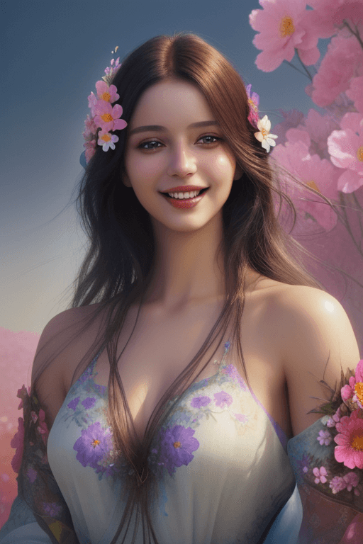 AI generated: Beautiful Woman with a smile appears from colorful flowers, cinematic lighting, photo realistic, by ...