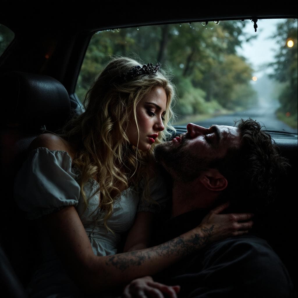 AI generated: Alice from Wonderland is brutally fucked by a man in the back seat of a dark moving car, a guy fucki...