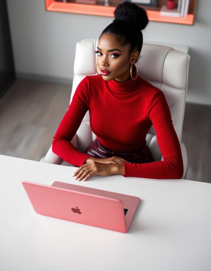 AI generated: Hyper-realistic, A polished tidy white desk with a red iBook laptop, partially seen in the foregroun...