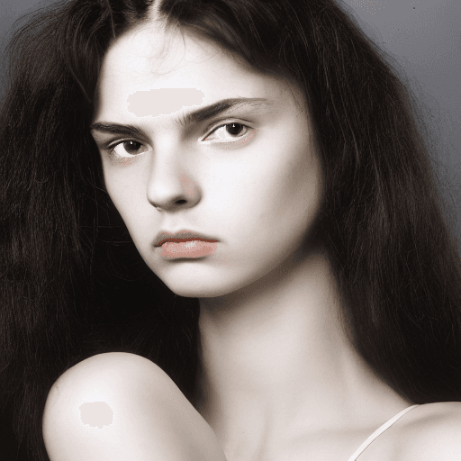 AI generated: color photo of a woman with long hair, delicate eyebrows, ilya kushinov, supermodel! face!, 18 years...