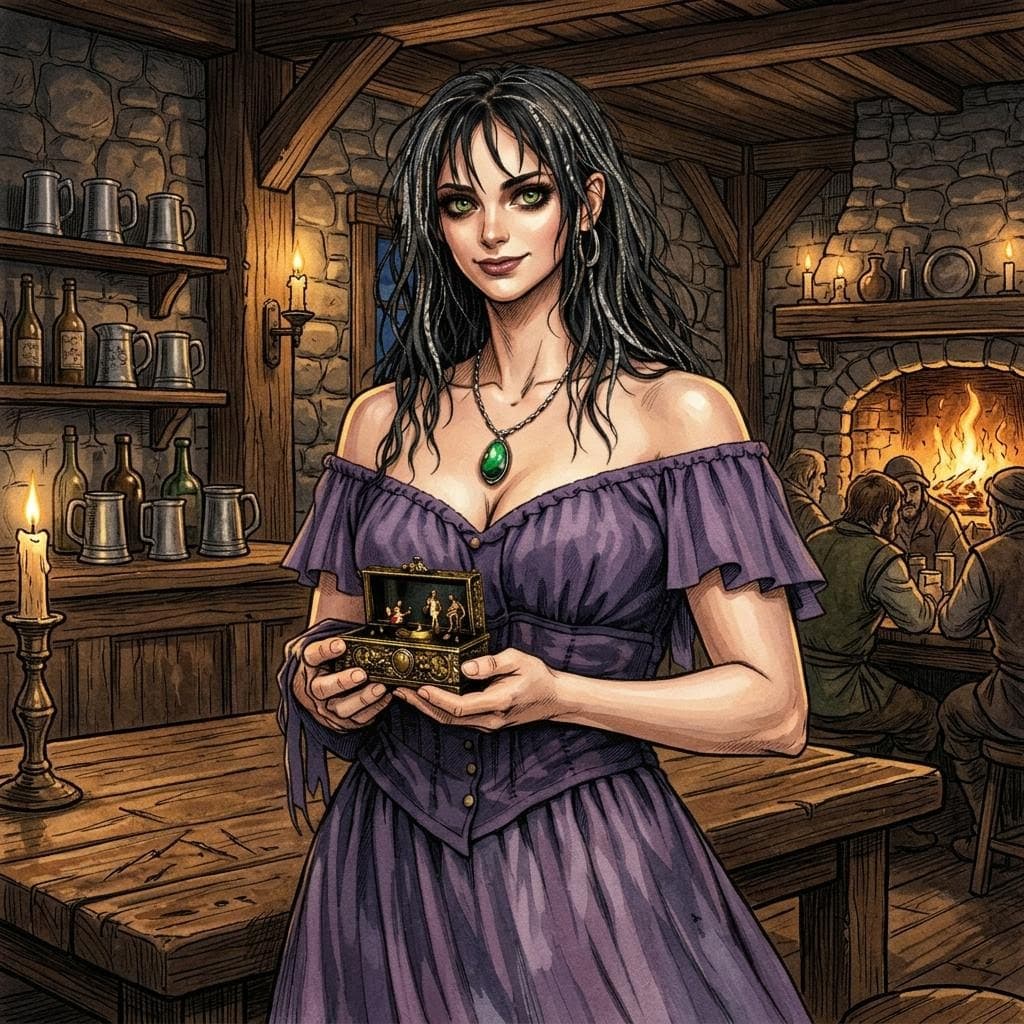 AI generated: beautiful young woman with a music box, radiant skin, medieval tavern background
