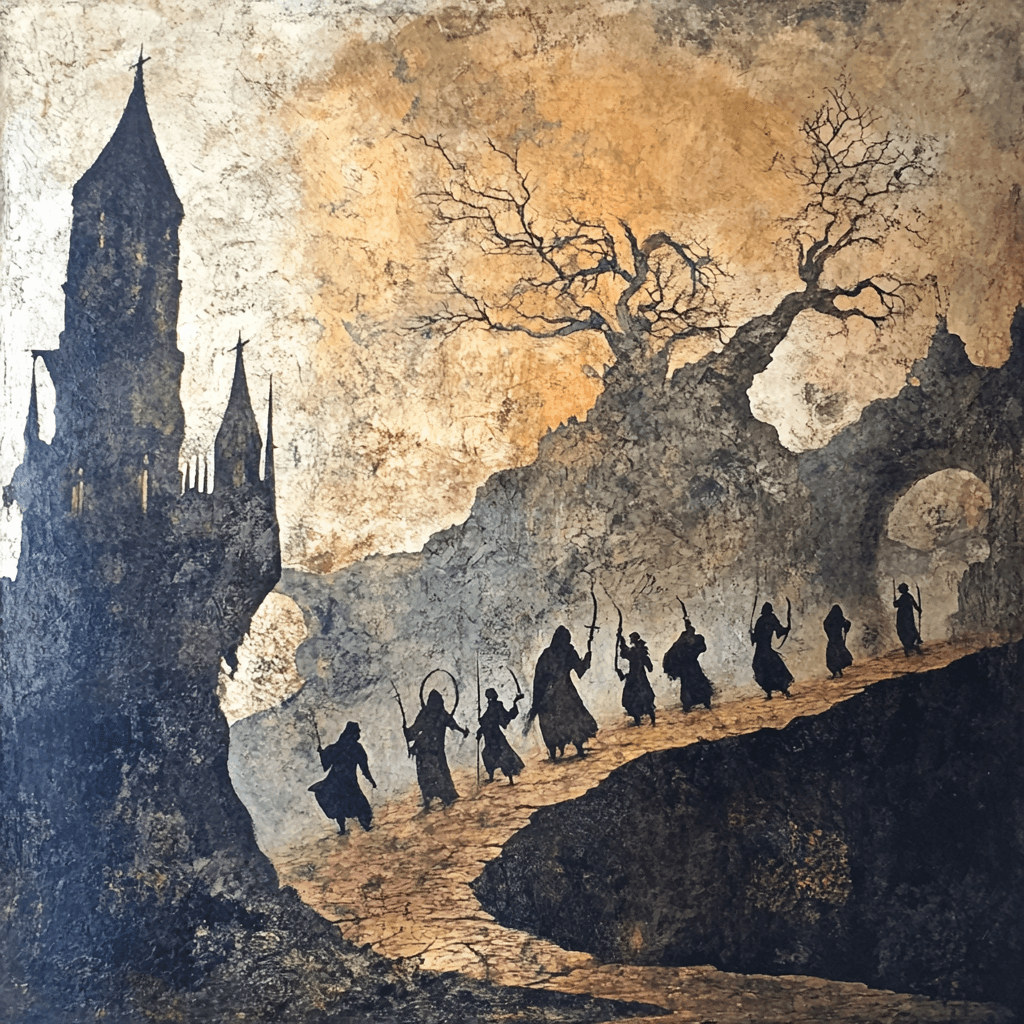 AI generated: hobbits approaching Mordor Guernica style