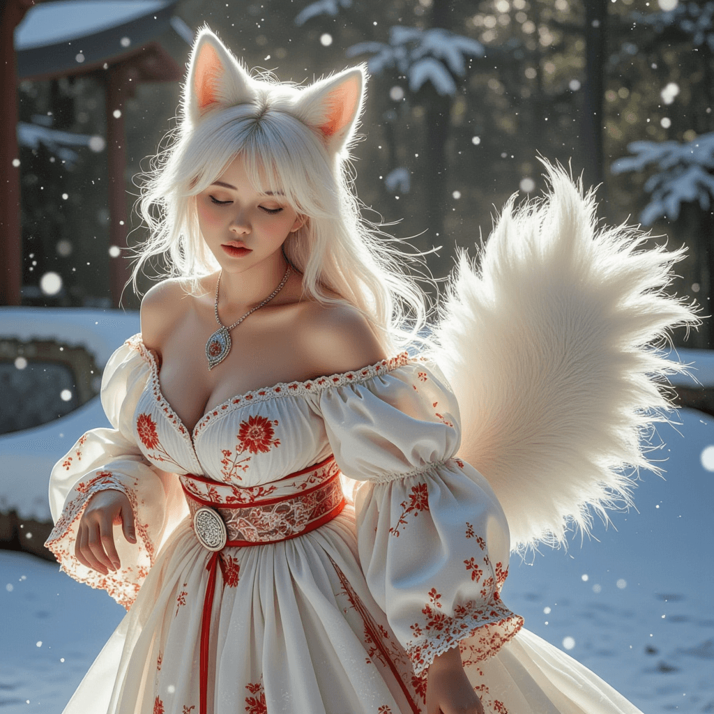 AI generated: The image depicts a stunning, ethereal woman with prominent, fluffy white fox ears and a large, flow...
