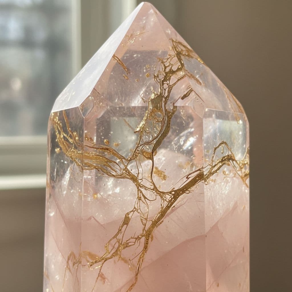 AI generated: Clear and Pink Crystal with Gold veins like marble running through it 
