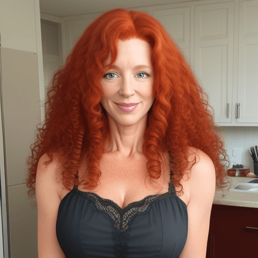 AI generated: Photo of a gorgeous long curly hair redhead woman who is 50 years old.