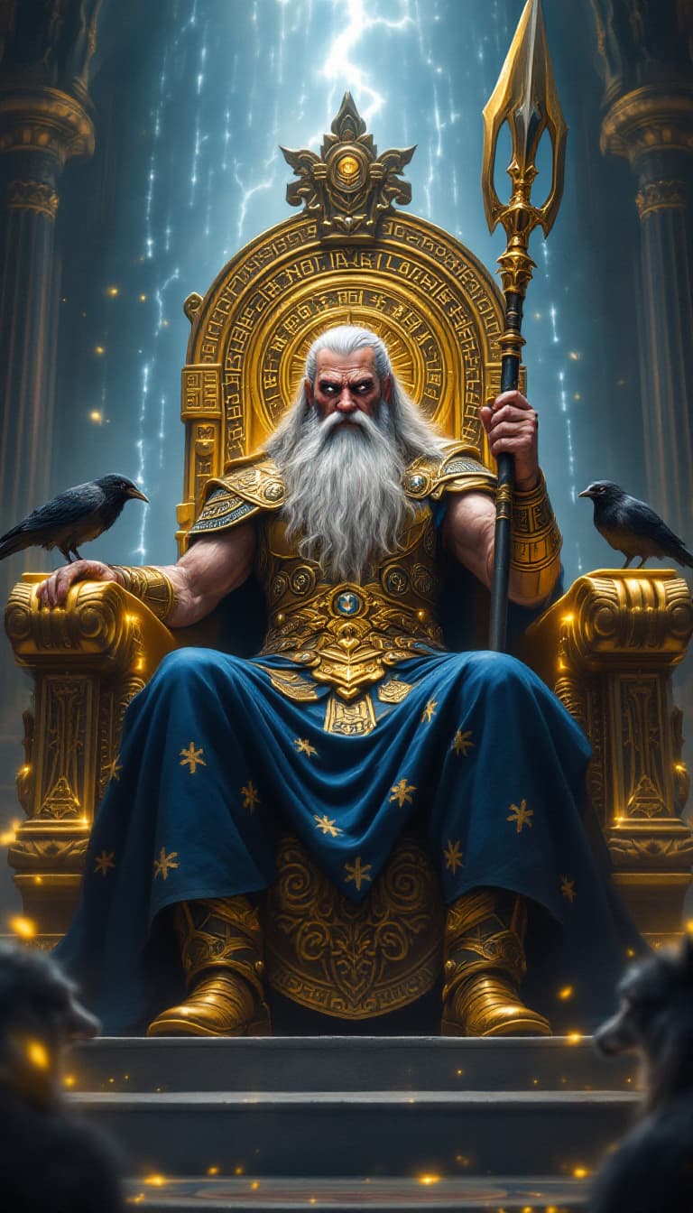 AI generated: A grand and majestic depiction of Odin, the Allfather of Norse mythology, seated on his towering gol...