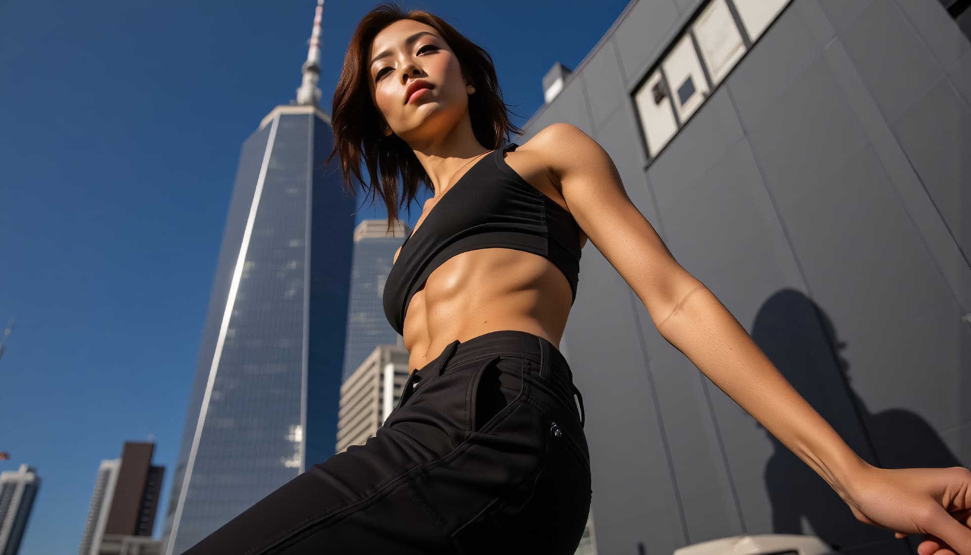 AI generated: high fashion photography, Fitness Bodybuilder Fashion low angle photo of a 24 year old Zhuang-Englis...