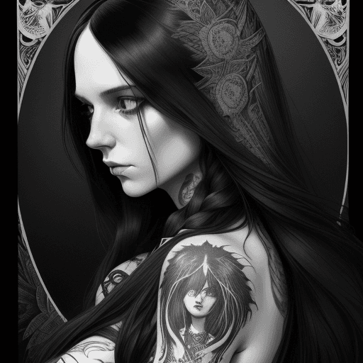 AI generated: black and white portrait of a woman having long hair and a tattoo on her arm, in the style of oliver...
