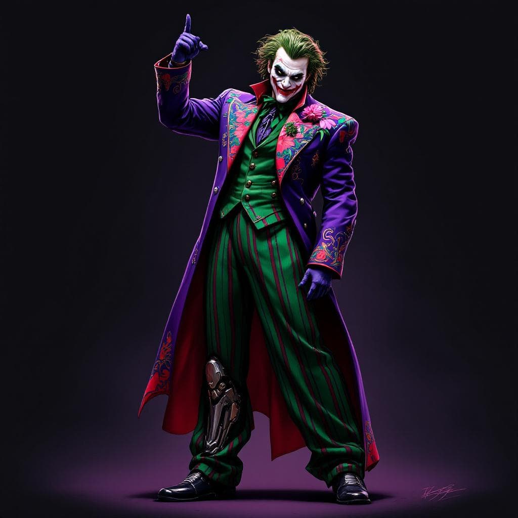 AI generated: Male character, young adult, Caucasian, The Joker,  pose of playful confidence,  standing with one a...
