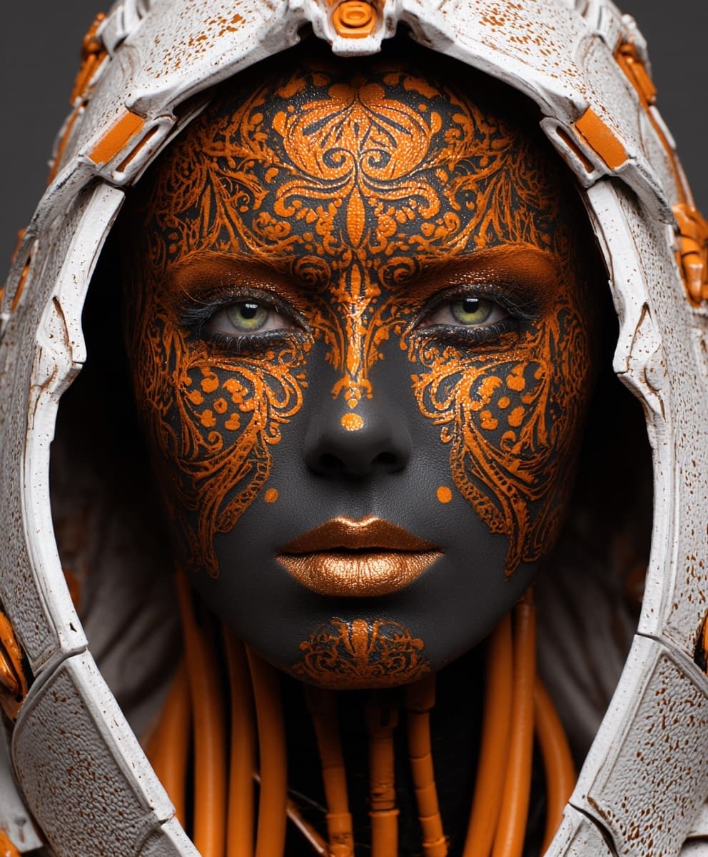 AI generated: close-up fashion portrait of an enigmatic woman, her face is totally painted with matte jet-black ma...