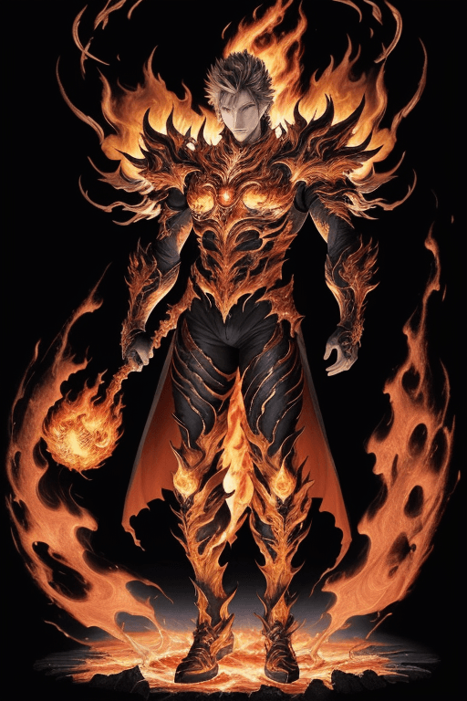 AI generated: A full-body view of Ignis, the Blazing Inferno, a demon lord born from a celestial catastrophe. He e...