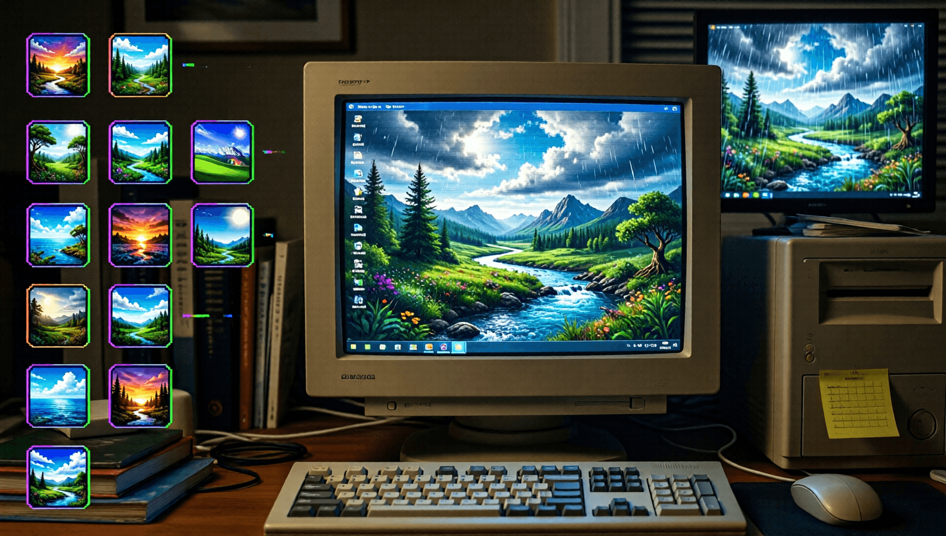 AI generated: Glitchy computer desktop from the early 2000s, icons leading to impossible landscapes, pixelated rai...