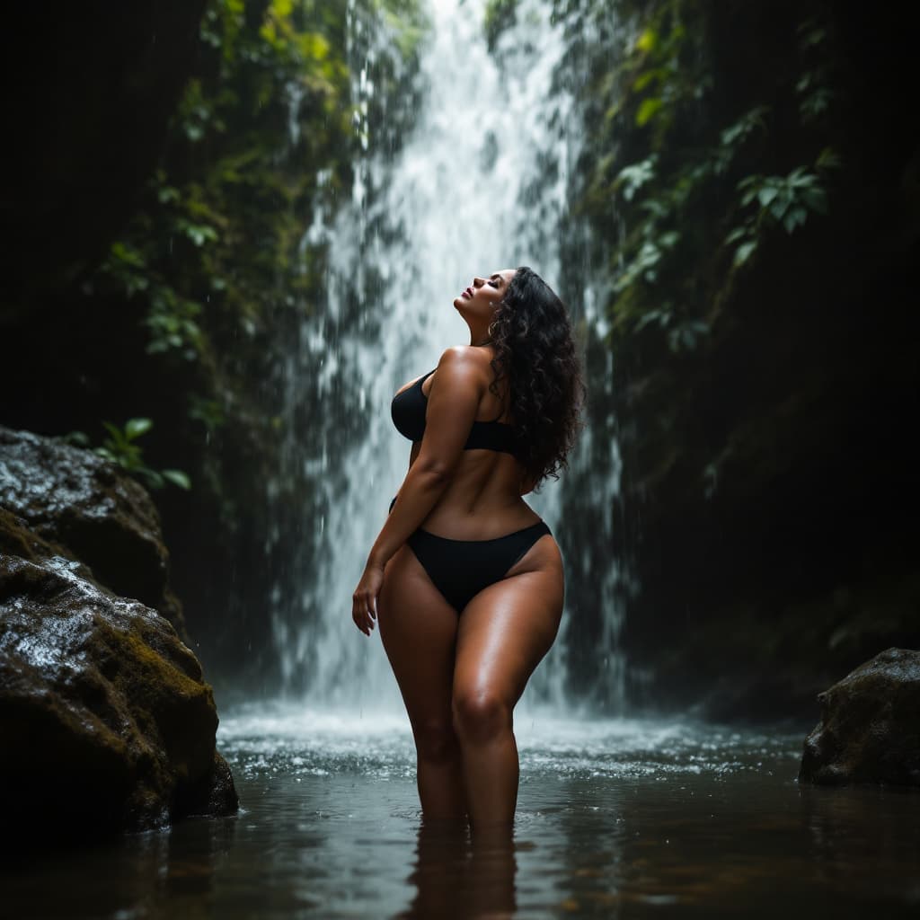 AI generated: A 35 years old brazilian curvy body woman in a waterfall