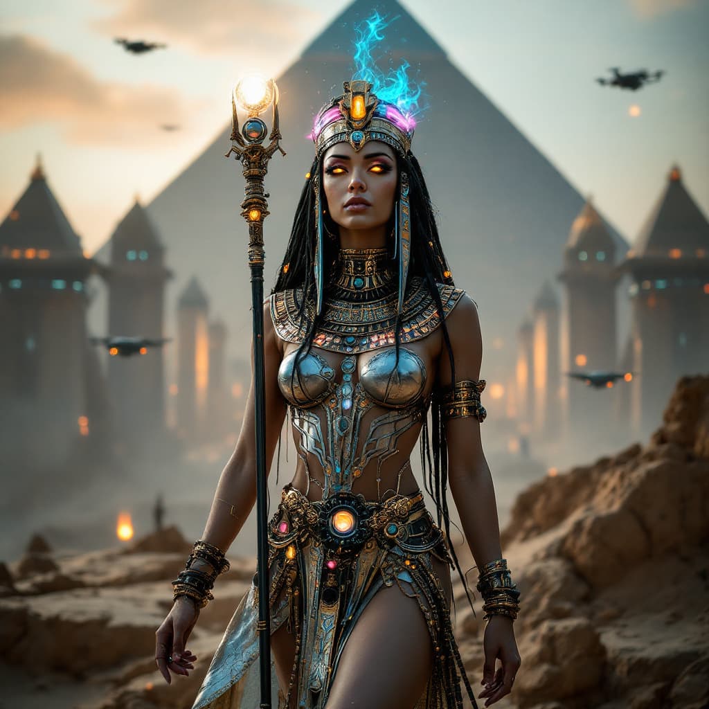 AI generated: Full body view A very erotic, full body, ancient Egyptian style  princess, mixing sci-fi and cyberpu...