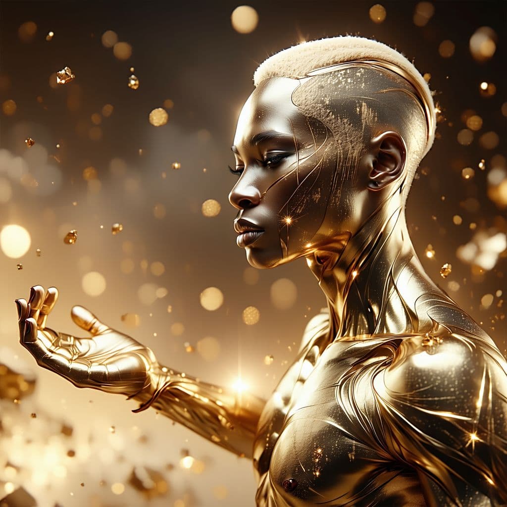 AI generated: An androgynous being covered completely in gold from head to toe, all features are made with gold, r...