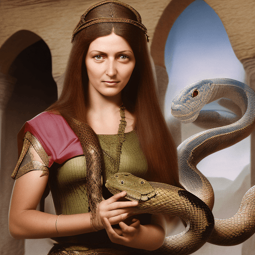 AI generated: Ultra high resolution photography of a medieval female named Nefertira, holding a snake