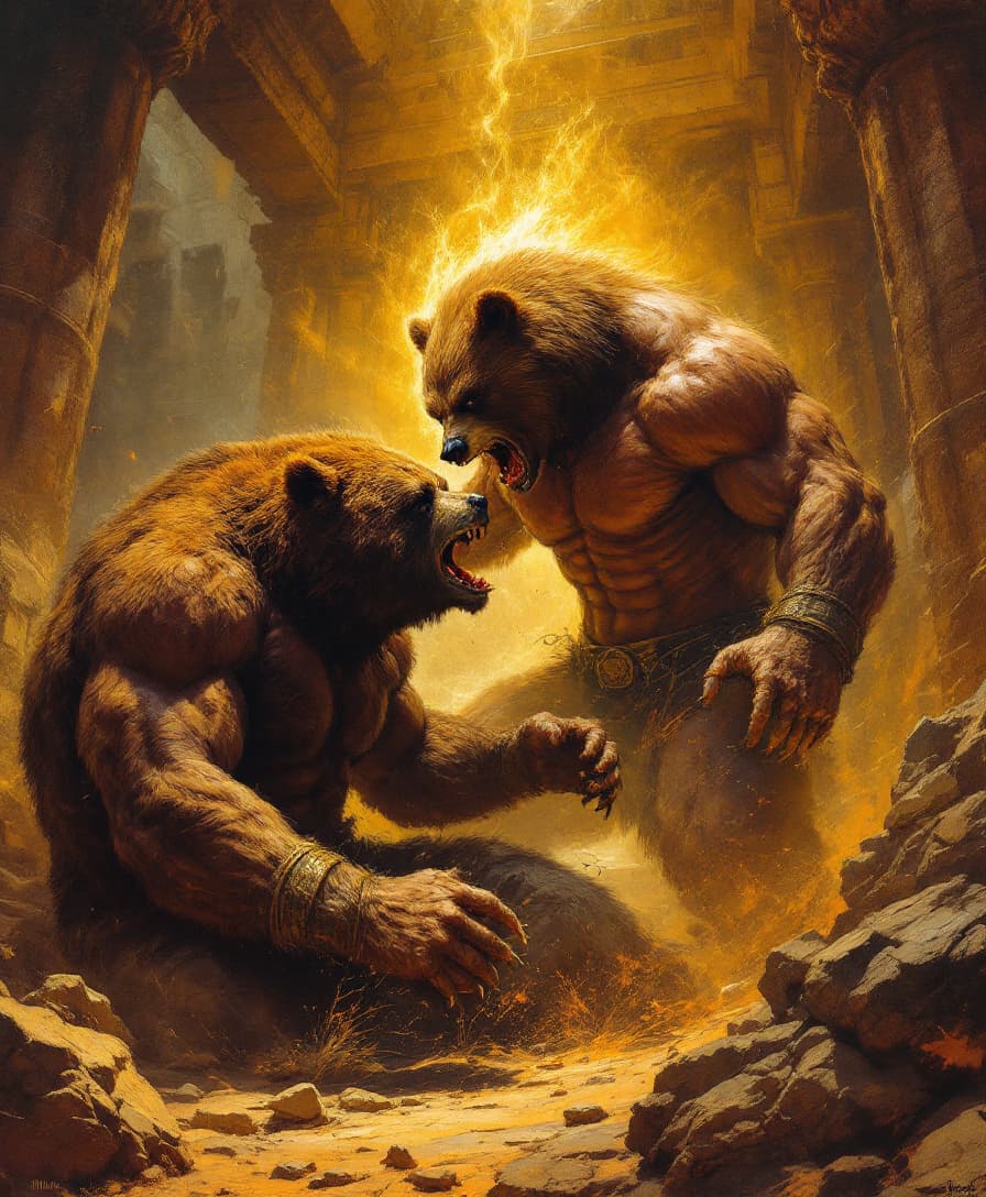 AI generated: An epic Frank Frazetta painting showing the torso and head of a muscular man battling a giant bear i...