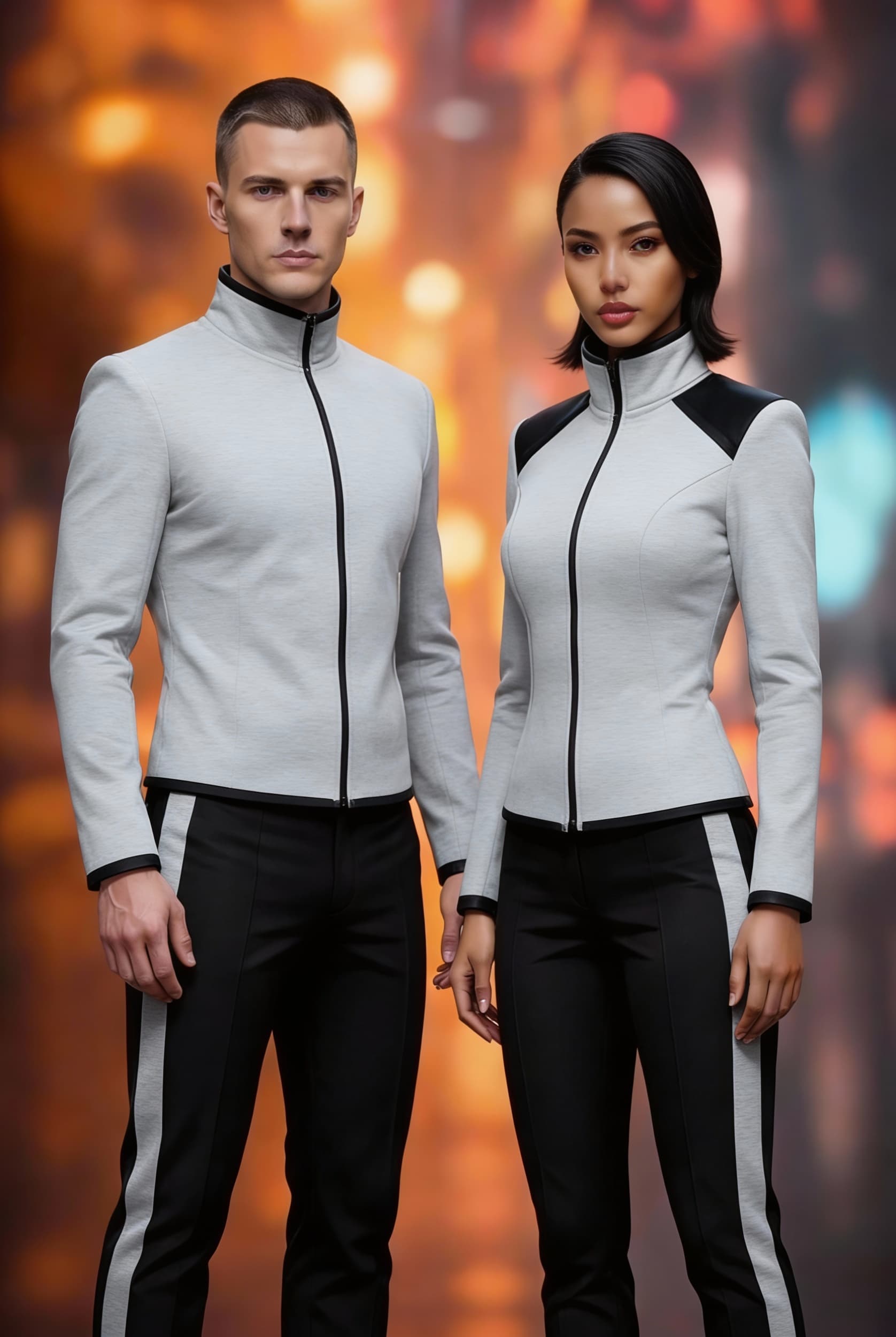 AI generated: Create a Sci-Fi uniform. Use the reference image and turn all red to Grey. The color of the uniform ...