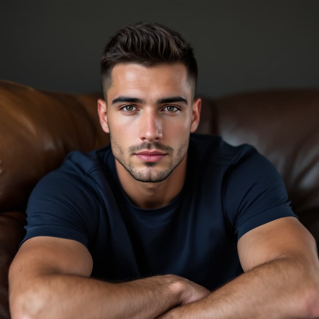 AI generated: High-end lifestyle photo of a 25-year-old white American man, close-cropped black-brown hair, confid...